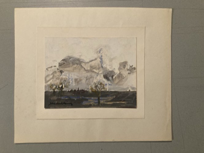 Peinture gouache Michel Henry 1955 Paysage Village Arbre Ancien Park Art Dessin