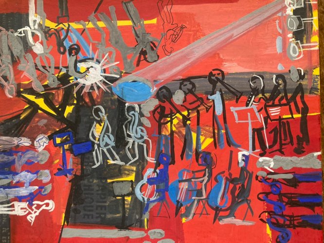 Peinture gouache Michel Henry Concert Jazz Musique Musicien Art 1960 Ancien XXe