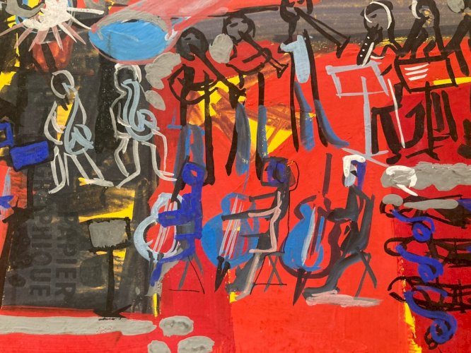 Peinture gouache Michel Henry Concert Jazz Musique Musicien Art 1960 Ancien XXe