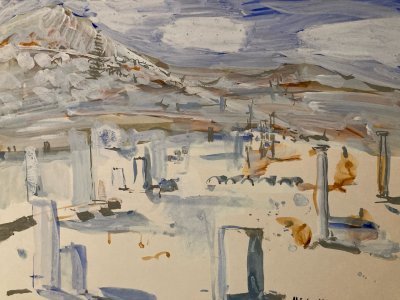 Peinture gouache Michel Henry Démos Grèce Grecque Île Antique 1955 Architecture