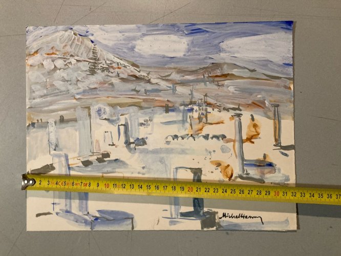 Peinture gouache Michel Henry Démos Grèce Grecque Île Antique 1955 Architecture