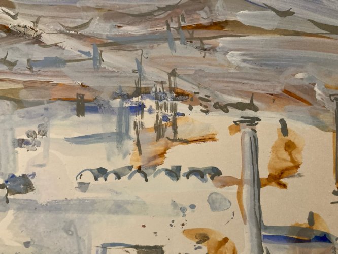 Peinture gouache Michel Henry Démos Grèce Grecque Île Antique 1955 Architecture