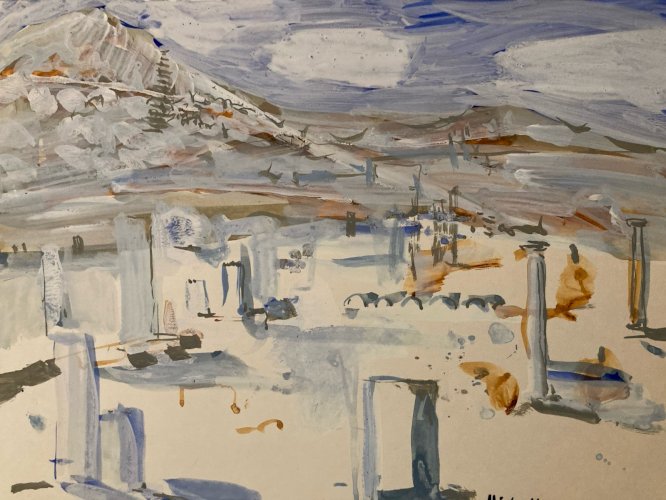 Peinture gouache Michel Henry Démos Grèce Grecque Île Antique 1955 Architecture