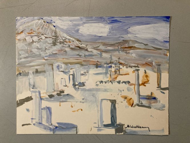 Peinture gouache Michel Henry Démos Grèce Grecque Île Antique 1955 Architecture