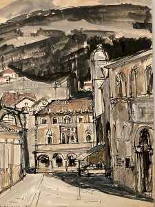 Peinture gouache Michel Henry Dubrovnik Yougoslavie Croatie 1955 Architecture XX
