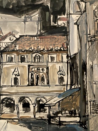 Peinture gouache Michel Henry Dubrovnik Yougoslavie Croatie 1955 Architecture XX