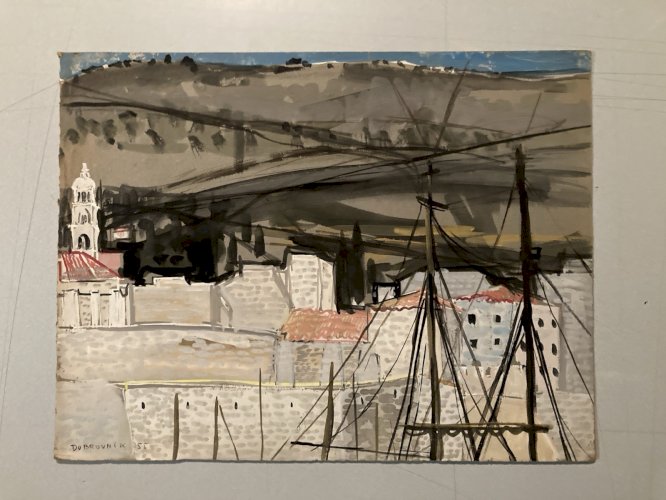 Peinture gouache Michel Henry Dubrovnik Yougoslavie Croatie 1955 Architecture