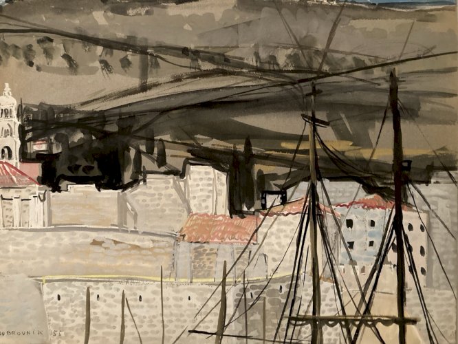 Peinture gouache Michel Henry Dubrovnik Yougoslavie Croatie 1955 Architecture