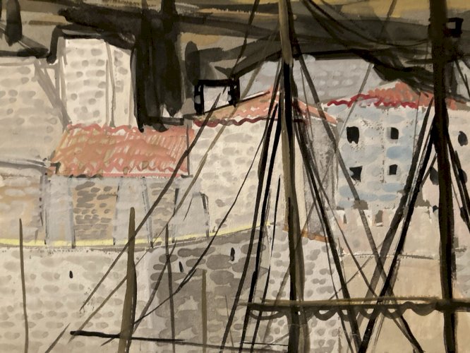 Peinture gouache Michel Henry Dubrovnik Yougoslavie Croatie 1955 Architecture