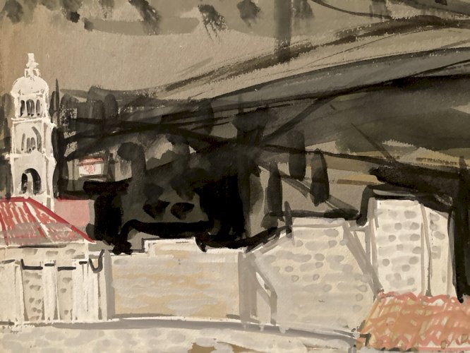 Peinture gouache Michel Henry Dubrovnik Yougoslavie Croatie 1955 Architecture