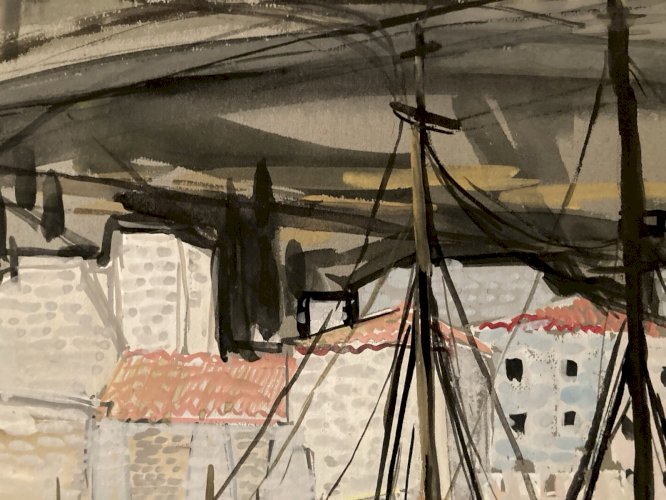 Peinture gouache Michel Henry Dubrovnik Yougoslavie Croatie 1955 Architecture