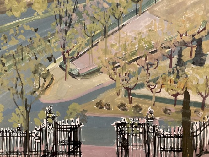 Peinture gouache Michel Henry Jardin Du Luxembourg ? Paris Grille 1955 France