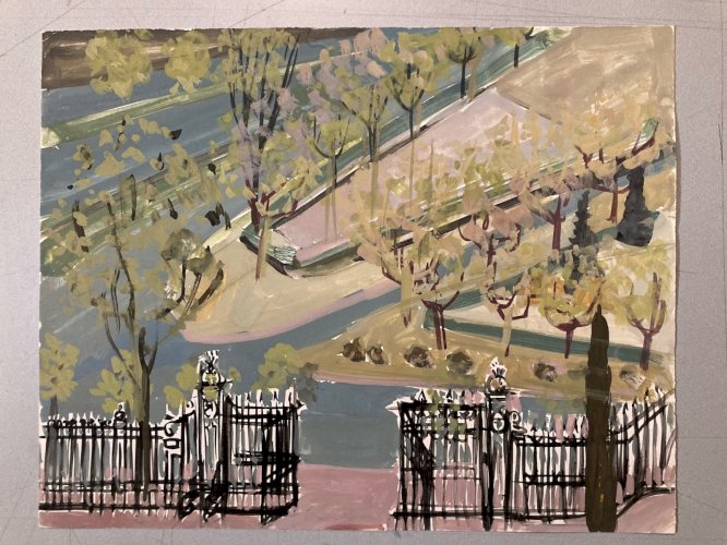 Peinture gouache Michel Henry Jardin Du Luxembourg ? Paris Grille 1955 France