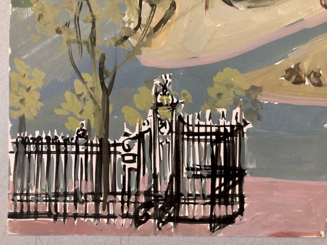 Peinture gouache Michel Henry Jardin Du Luxembourg ? Paris Grille 1955 France