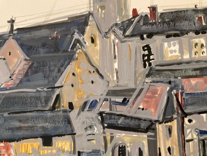 Peinture gouache Michel Henry Loué Sarthe 1955 Architecture Maison Eglise France