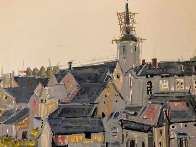 Peinture gouache Michel Henry Loué Sarthe 1955 Architecture Maison Eglise France