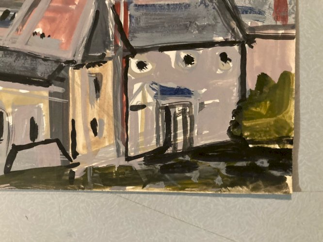 Peinture gouache Michel Henry Loué Sarthe 1955 Architecture Maison Eglise France