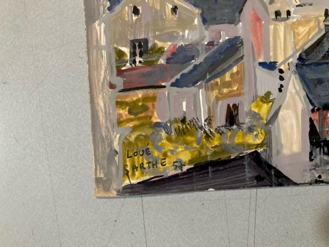 Peinture gouache Michel Henry Loué Sarthe 1955 Architecture Maison Eglise France