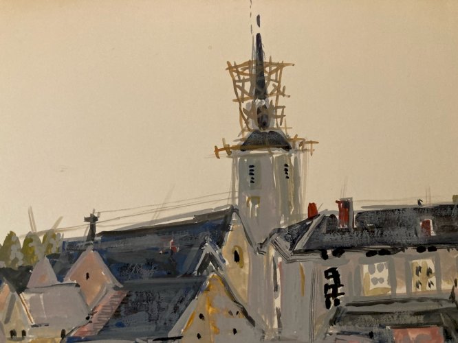 Peinture gouache Michel Henry Loué Sarthe 1955 Architecture Maison Eglise France