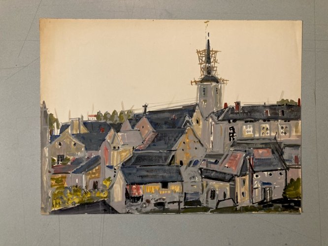 Peinture gouache Michel Henry Loué Sarthe 1955 Architecture Maison Eglise France
