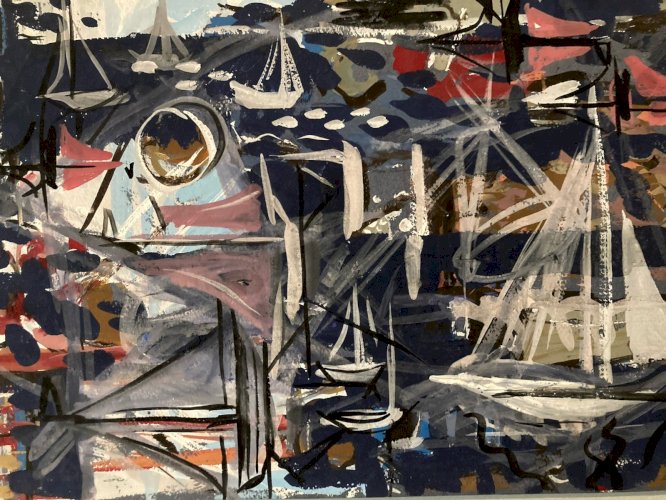 Peinture gouache Michel Henry Marine Bateau Mer Ocean Port 1955 Dessin Art