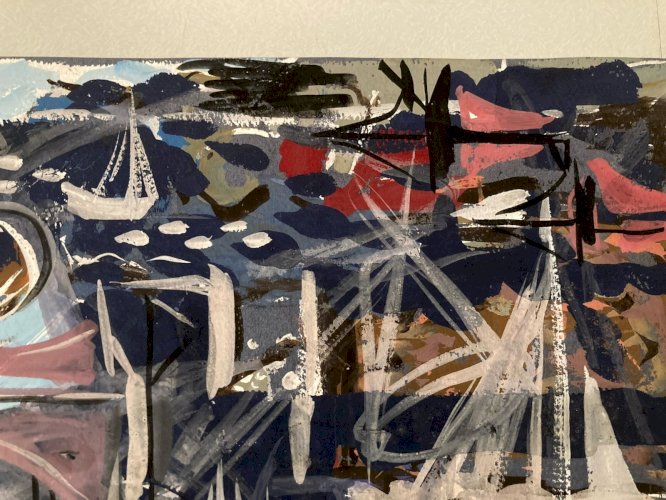 Peinture gouache Michel Henry Marine Bateau Mer Ocean Port 1955 Dessin Art