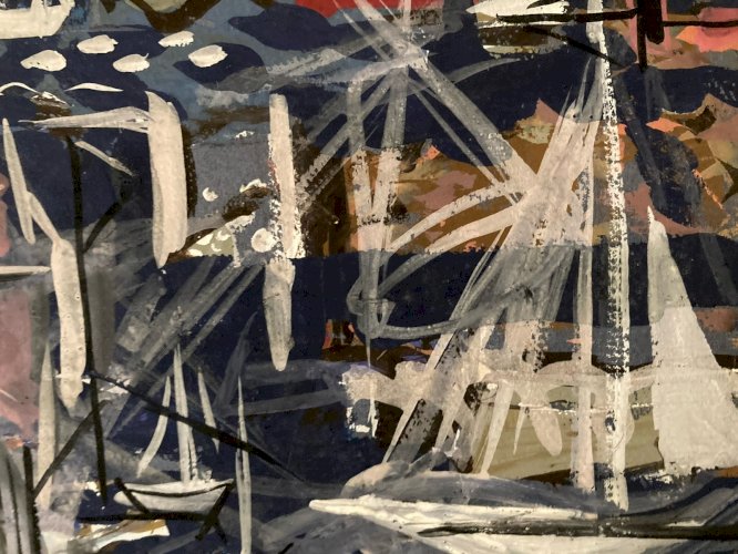 Peinture gouache Michel Henry Marine Bateau Mer Ocean Port 1955 Dessin Art