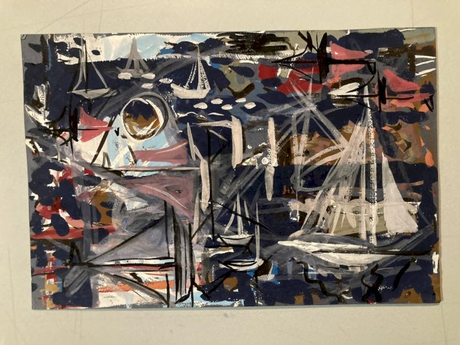 Peinture gouache Michel Henry Marine Bateau Mer Ocean Port 1955 Dessin Art