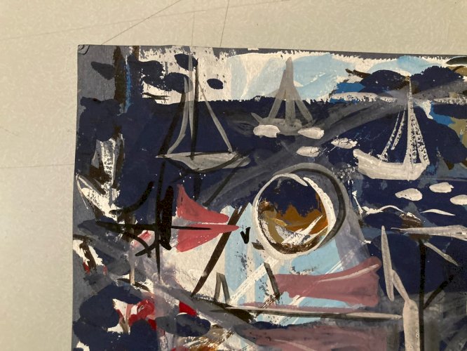 Peinture gouache Michel Henry Marine Bateau Mer Ocean Port 1955 Dessin Art