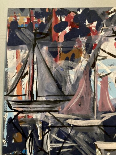 Peinture gouache Michel Henry Marine Bateau Mer Ocean Port 1955 Dessin Art