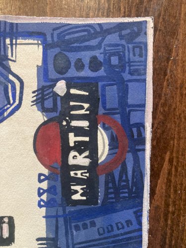 Peinture gouache Michel Henry Martini Bouteille Alcool 1960 Ancien Publicité