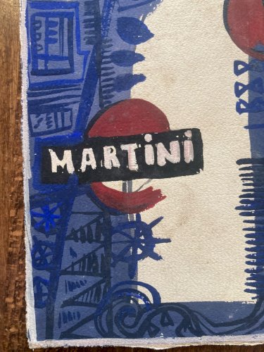 Peinture gouache Michel Henry Martini Bouteille Alcool 1960 Ancien Publicité