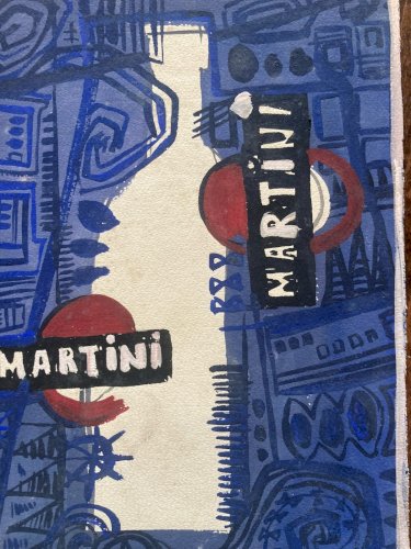 Peinture gouache Michel Henry Martini Bouteille Alcool 1960 Ancien Publicité