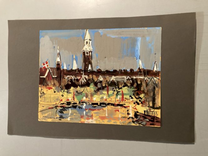 Peinture gouache Michel Henry Rivoli Copenhague 1955 Danemark Ancien Park Art