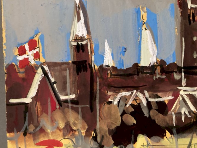 Peinture gouache Michel Henry Rivoli Copenhague 1955 Danemark Ancien Park Art