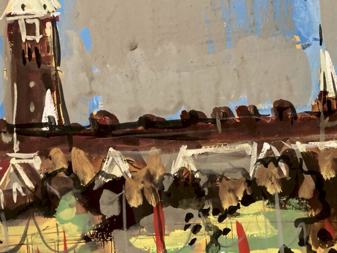 Peinture gouache Michel Henry Rivoli Copenhague 1955 Danemark Ancien Park Art