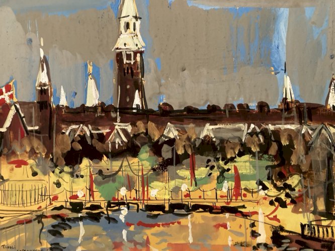 Peinture gouache Michel Henry Rivoli Copenhague 1955 Danemark Ancien Park Art