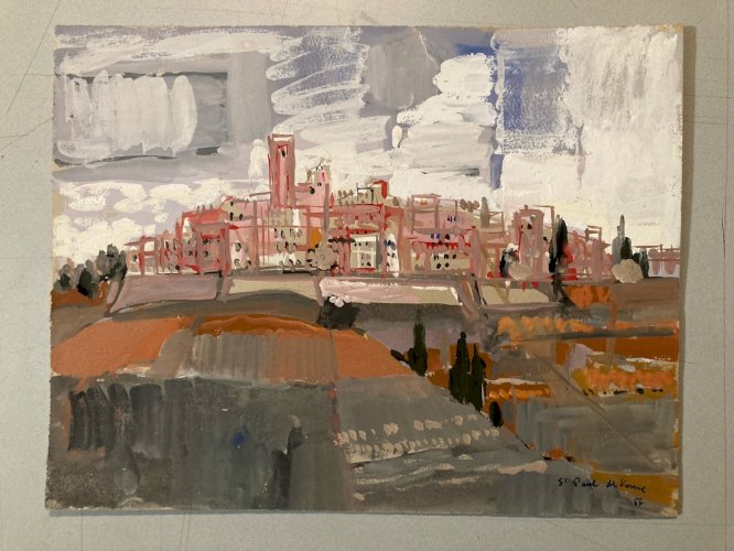 Peinture gouache Michel Henry Saint Paul De Vence Provence Village Art Original
