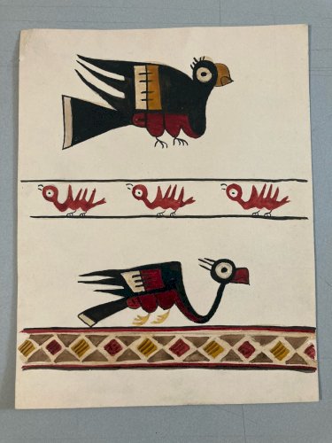 Peinture Gouache Motif Maya Aztèque Oiseau Monstre Art Ancien 1950