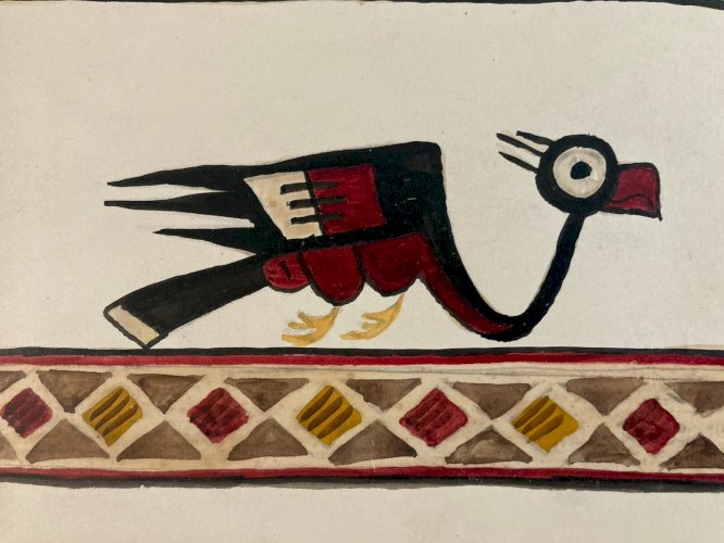 Peinture Gouache Motif Maya Aztèque Oiseau Monstre Art Ancien 1950