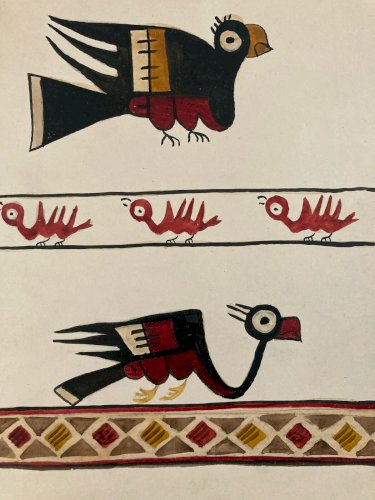 Peinture Gouache Motif Maya Aztèque Oiseau Monstre Art Ancien 1950