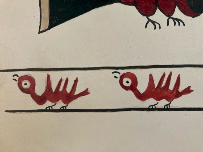Peinture Gouache Motif Maya Aztèque Oiseau Monstre Art Ancien 1950