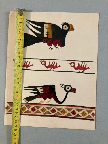 Peinture Gouache Motif Maya Aztèque Oiseau Monstre Art Ancien 1950