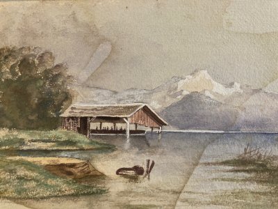 Original 19th Century Gouache Painting Watercolor Lake Mountain 1868 Antique