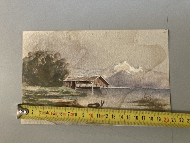 Peinture Gouache Original XIXe Art Aquarelle Lac Montagne 1868 Ancien