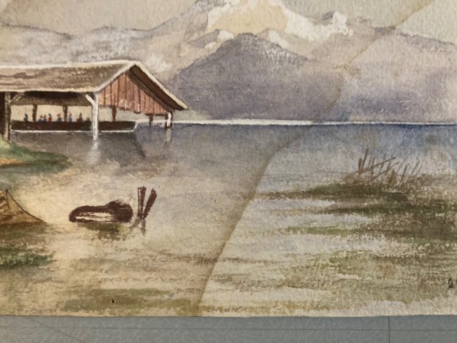 Peinture Gouache Original XIXe Art Aquarelle Lac Montagne 1868 Ancien