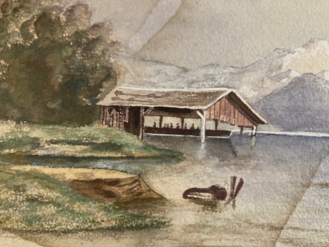 Peinture Gouache Original XIXe Art Aquarelle Lac Montagne 1868 Ancien