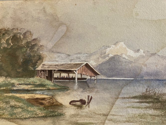 Peinture Gouache Original XIXe Art Aquarelle Lac Montagne 1868 Ancien