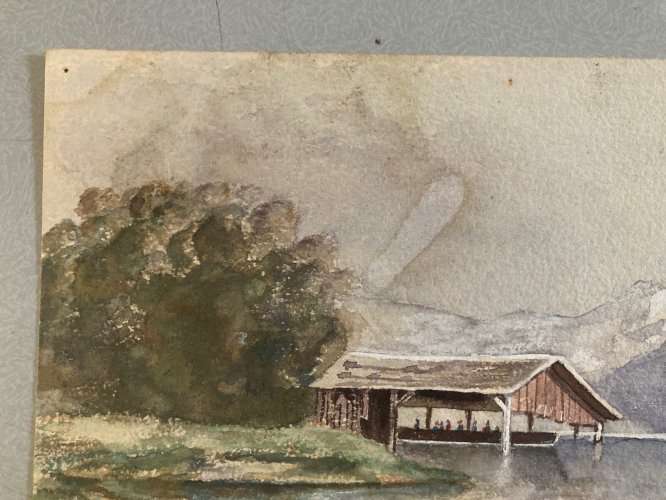Peinture Gouache Original XIXe Art Aquarelle Lac Montagne 1868 Ancien