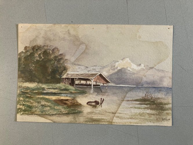 Peinture Gouache Original XIXe Art Aquarelle Lac Montagne 1868 Ancien